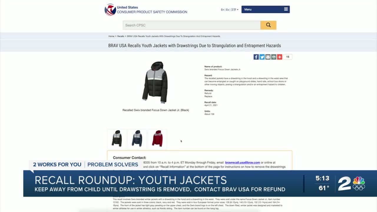 Youth jackets top the recall roundup