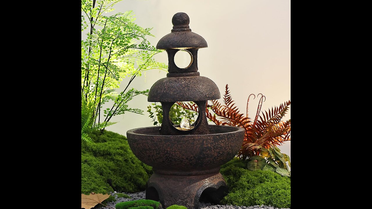 Modern Zen Pagoda Waterfall Fountain with LED Lights, 26.2"