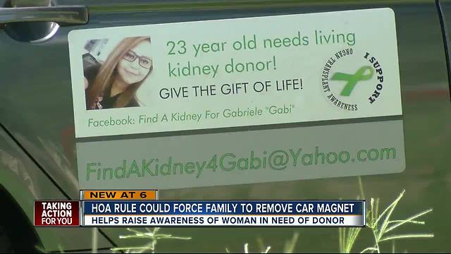 HOA asks 23-year-old woman to take down kidney donor car magnet