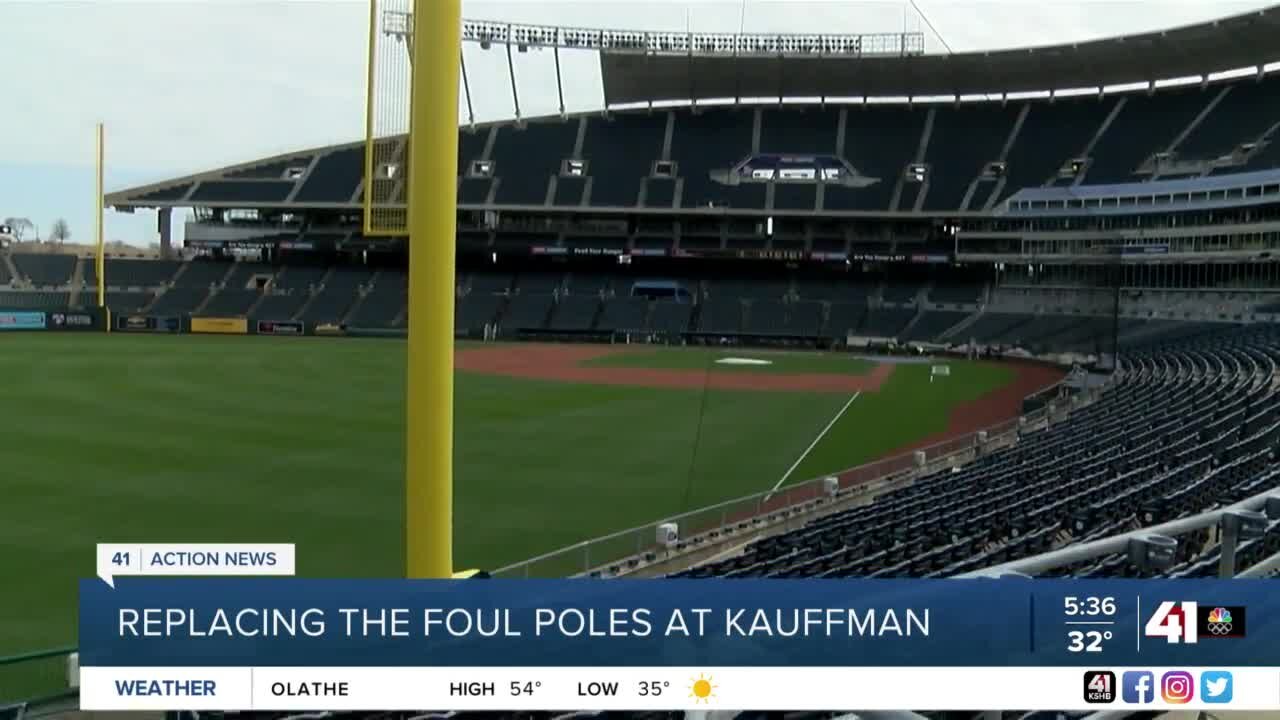 Replacing the foul poles at Kauffman Stadium