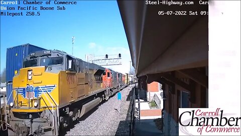 WB Intermodel and EB UP Manifest with IC 1002 and CN 5750 at Carroll, IA on May 7, 2022