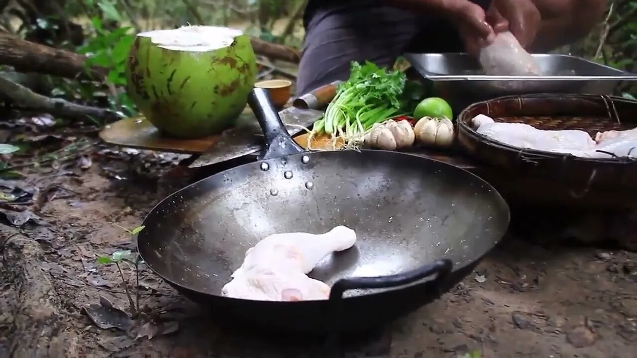 Cooking Coconut Chicken Leg Recipe eating so Yummy - Use Coconut water Cook Chicken Meat in Fry -4