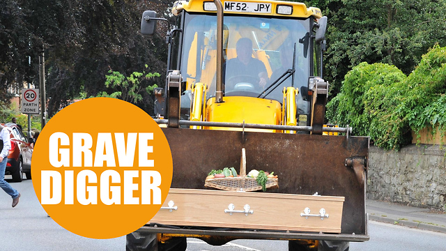 Friends of a much loved digger driver transport his coffin to his funeral in the bucket of a JCB