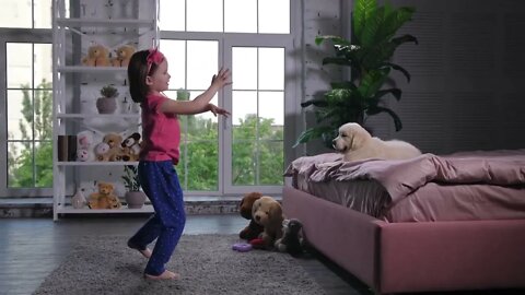 Graceful preschooler girl performing dance on carpet in front of golden retriever pet lying on bed i