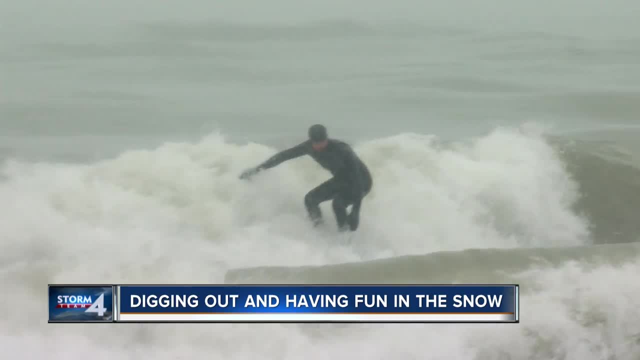 Locals ride waves at Bradford Beach during snowstorm