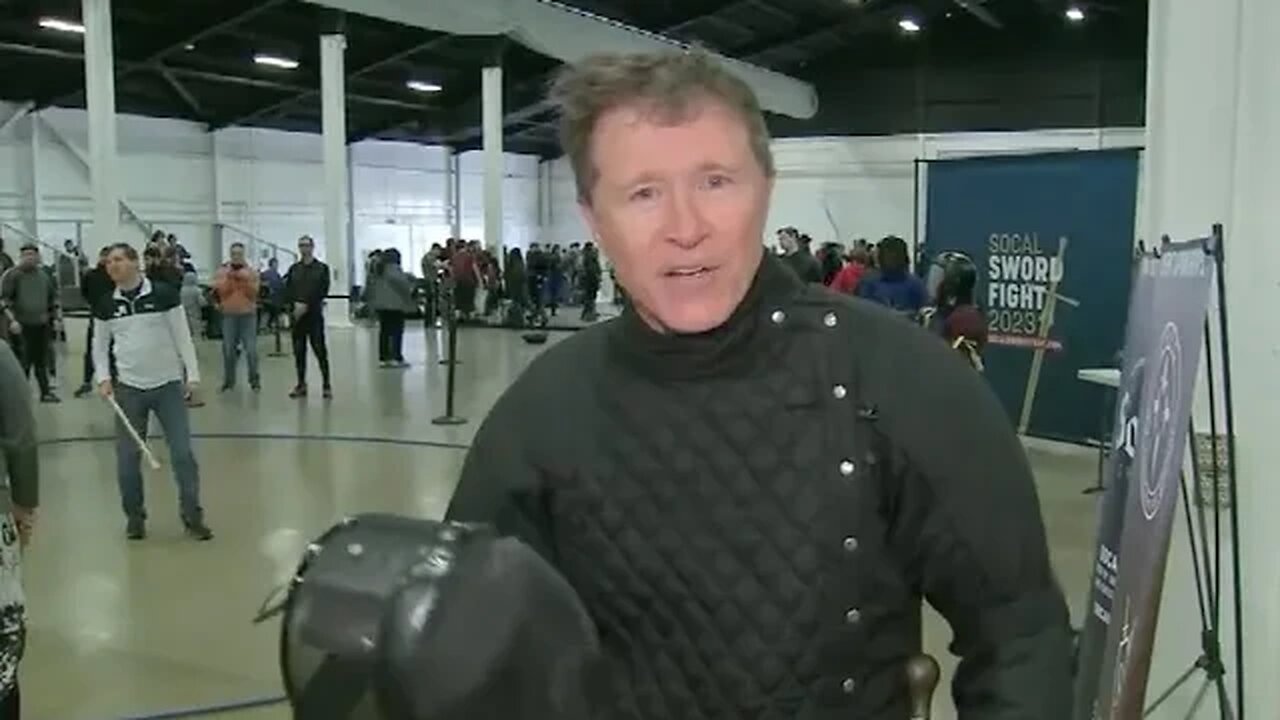 Rob Hayes, of KABC Los Angeles, visits SoCal Swordfight 2023 in Costa Mesa, California