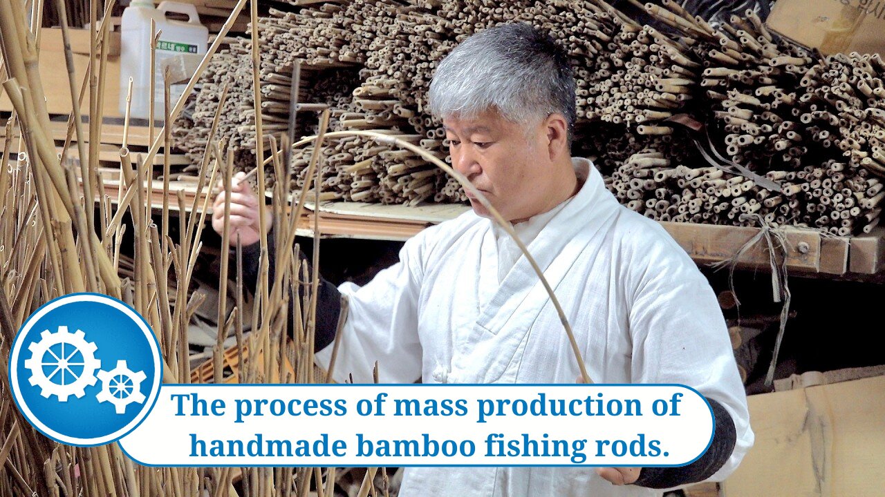 The process of mass production of handmade bamboo fishing rods.