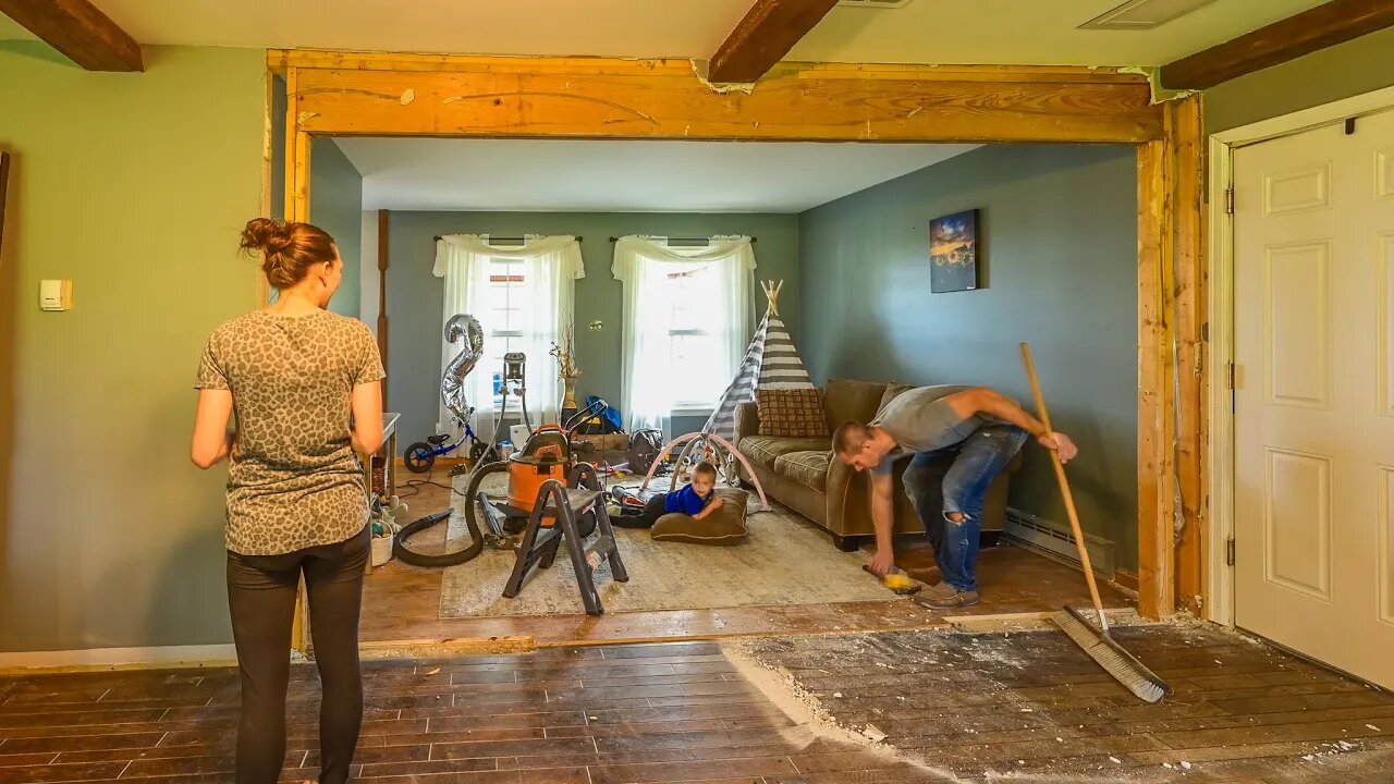 Opening up the living room wall.