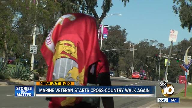 Marine veteran sets out to walk across the country, again!