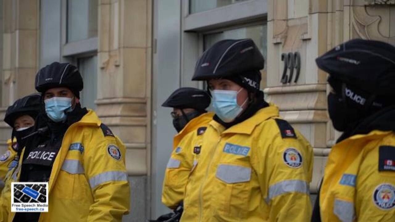 Toronto police guard Bell Media, protesters call for an end to fake news, propaganda. 03/06/21