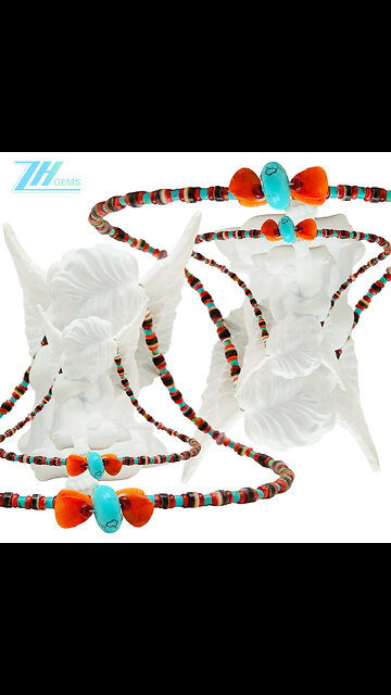 Natural turquoise and Orange spiny oyster with shell handmade necklace full strand 16inch01