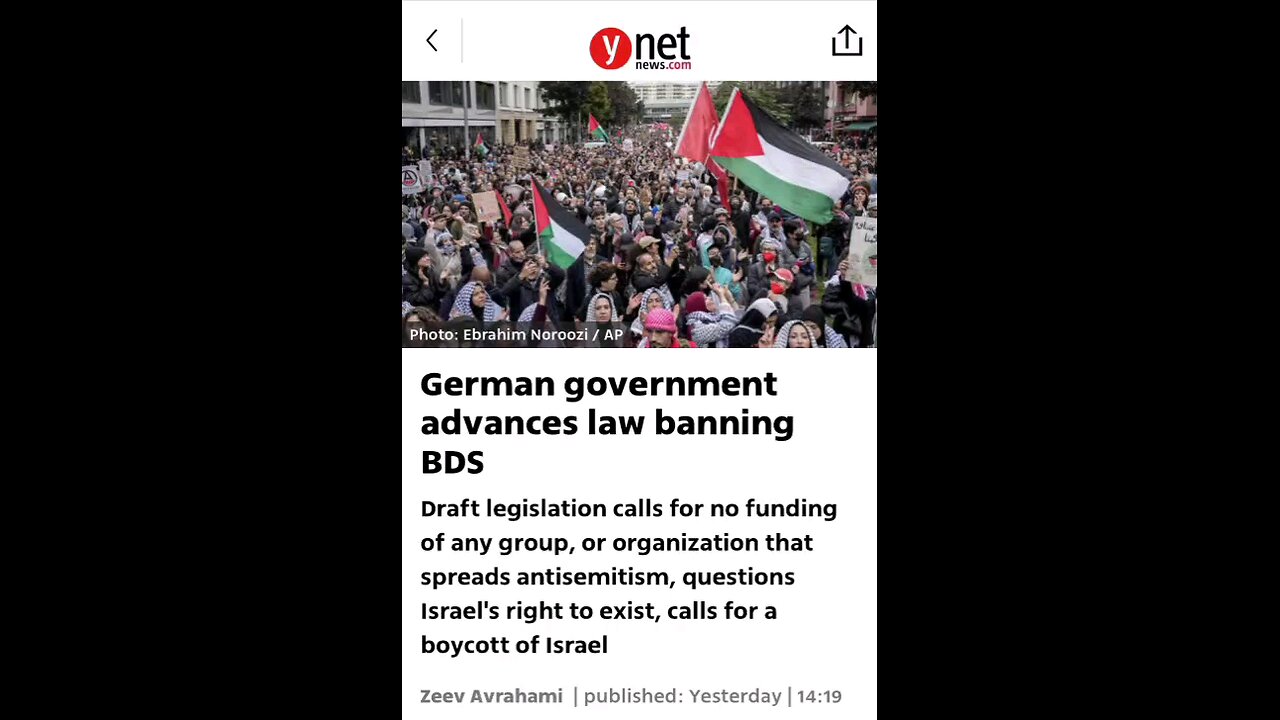 German government advances law banning BDS So can't boycott Israeli products.