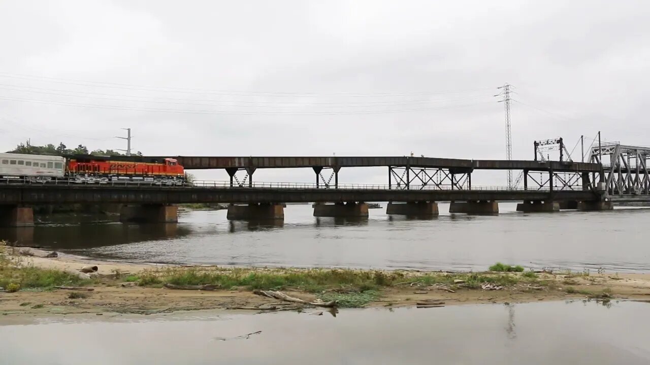 Steel Highway - BNSF 8281 leads the company office car train across the drawbridge at Fort Madison