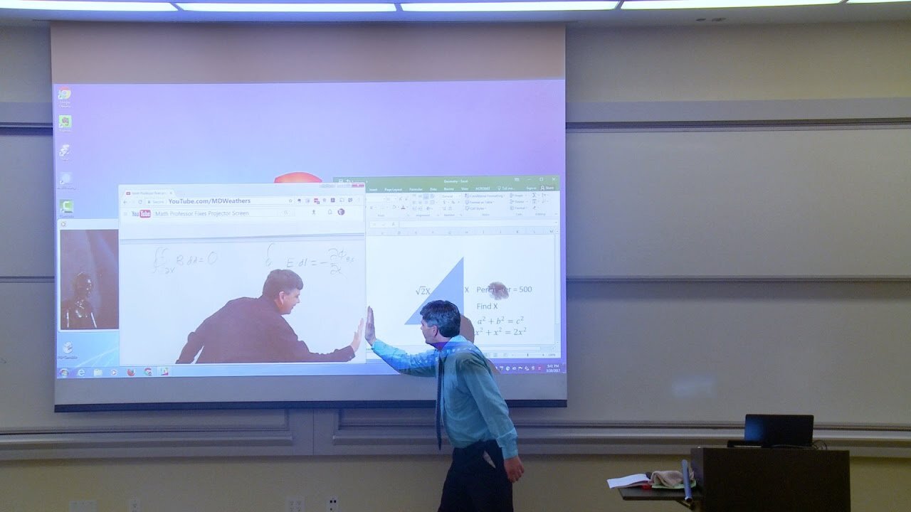 Mathematician trying to fix the projector screen