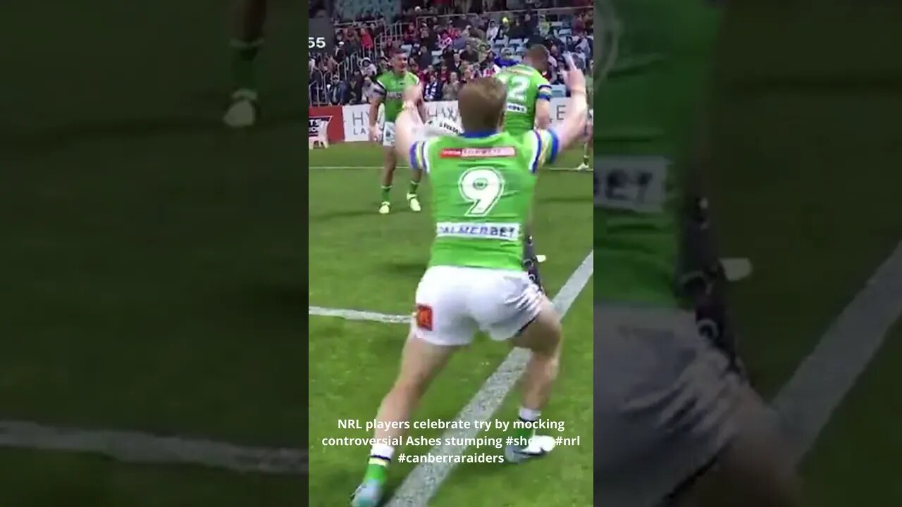 NRL players celebrate try by mocking controversial Ashes stumping #shorts #nrl #canberraraiders