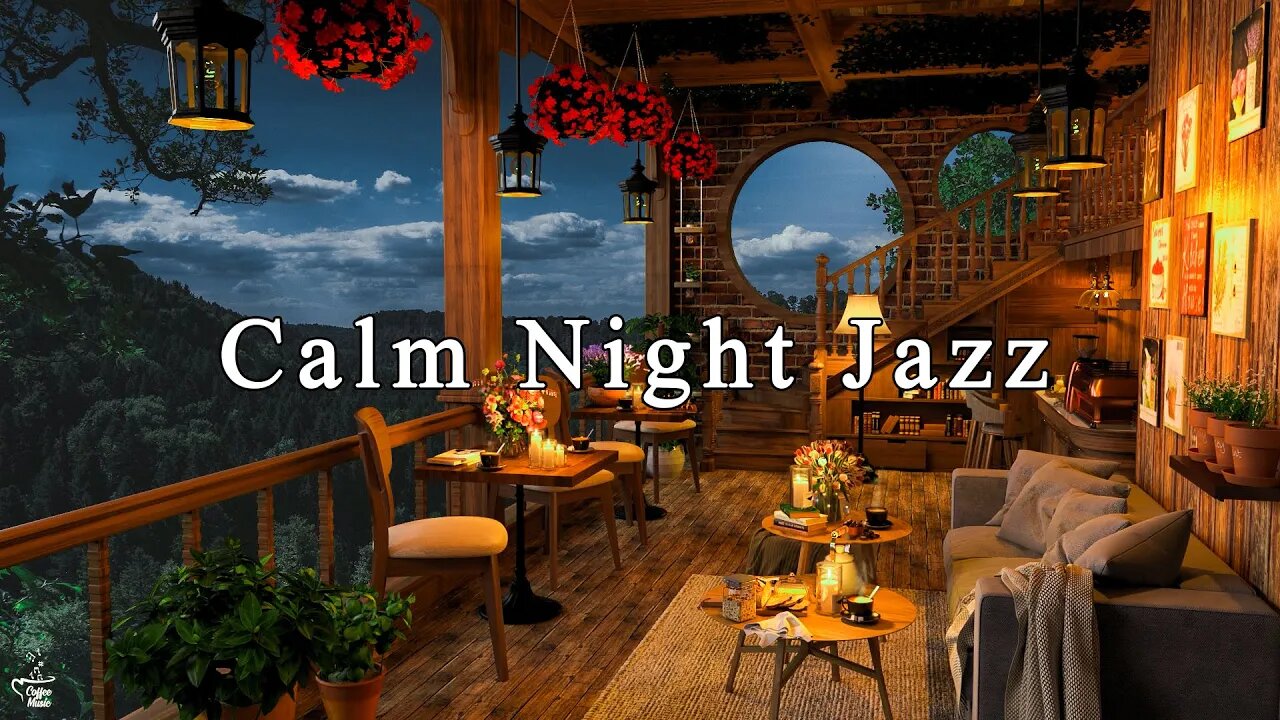 Calm Night in Cozy Coffee Shop Ambience ☕ Instrumental Jazz Music & Soft Crickets Sounds to Relaxing