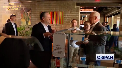 Awkward "Doug" & Tampon Tim Walz ordering pastries and walk away from the counter without paying: "Someone will pay."