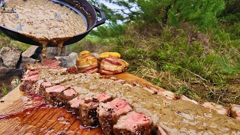 Incredible Ribeye Steak 🥩 with Potato and Bacon Roses cooked in Nature ASMR cooking
