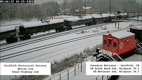 WB Manifest with Passenger Car on end in Griffith, IN on January 25, 2023