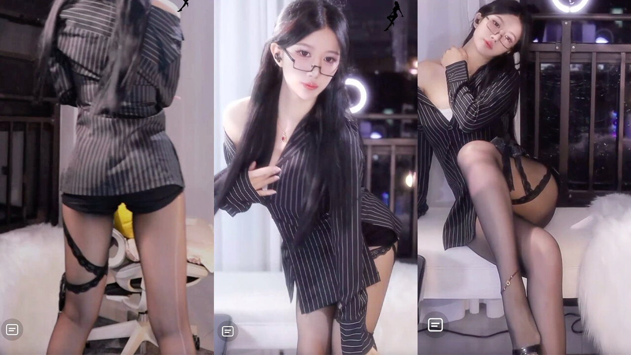 Dance streamer in office outfit: blazer, shorts, black stockings, long legs, twisting hips, sensual moves.