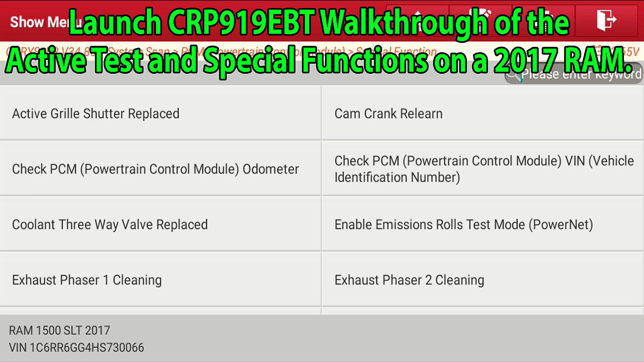 Launch CRP919 EBT Walkthrough on a 2017 RAM 1500 showing the Active Test and Special Functions.