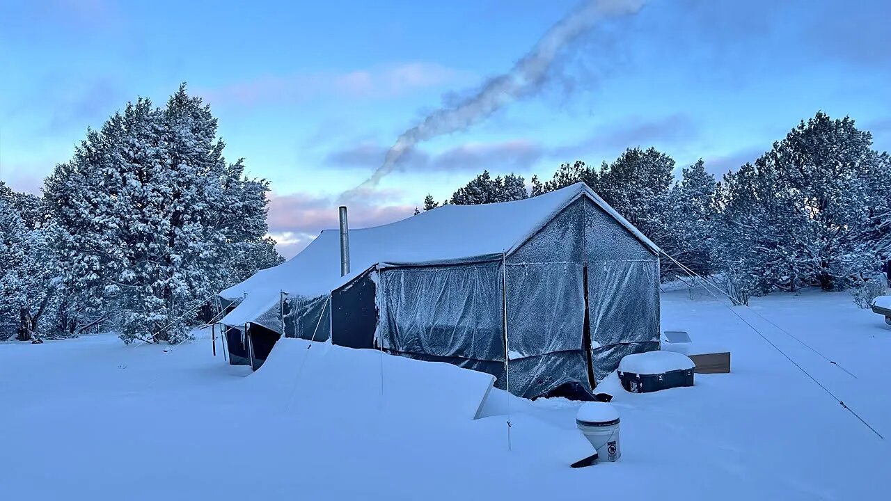 FIRST BIG SNOW STORM at the Off Grid Homestead - Living ALL WINTER Camping in a Tent