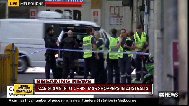 Car plows into Christmas shoppers in Melbourne, Australia, injuring more than a dozen.