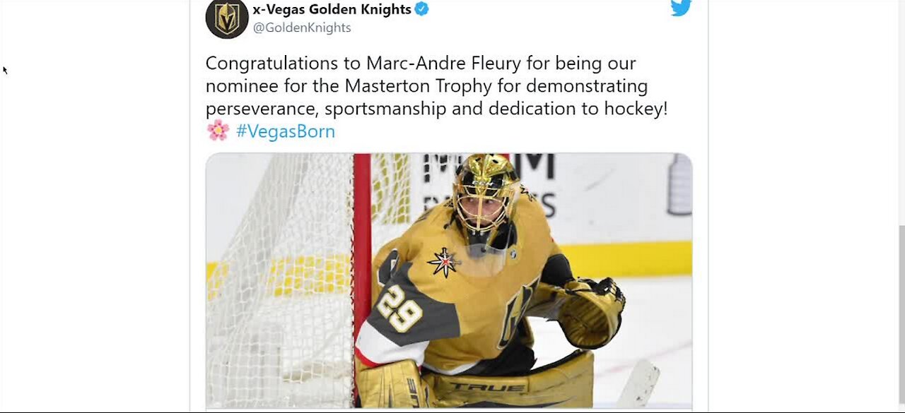 VGK goaltender Marc-Andre Fleury nominated for Bill Masterton Memorial Trophy