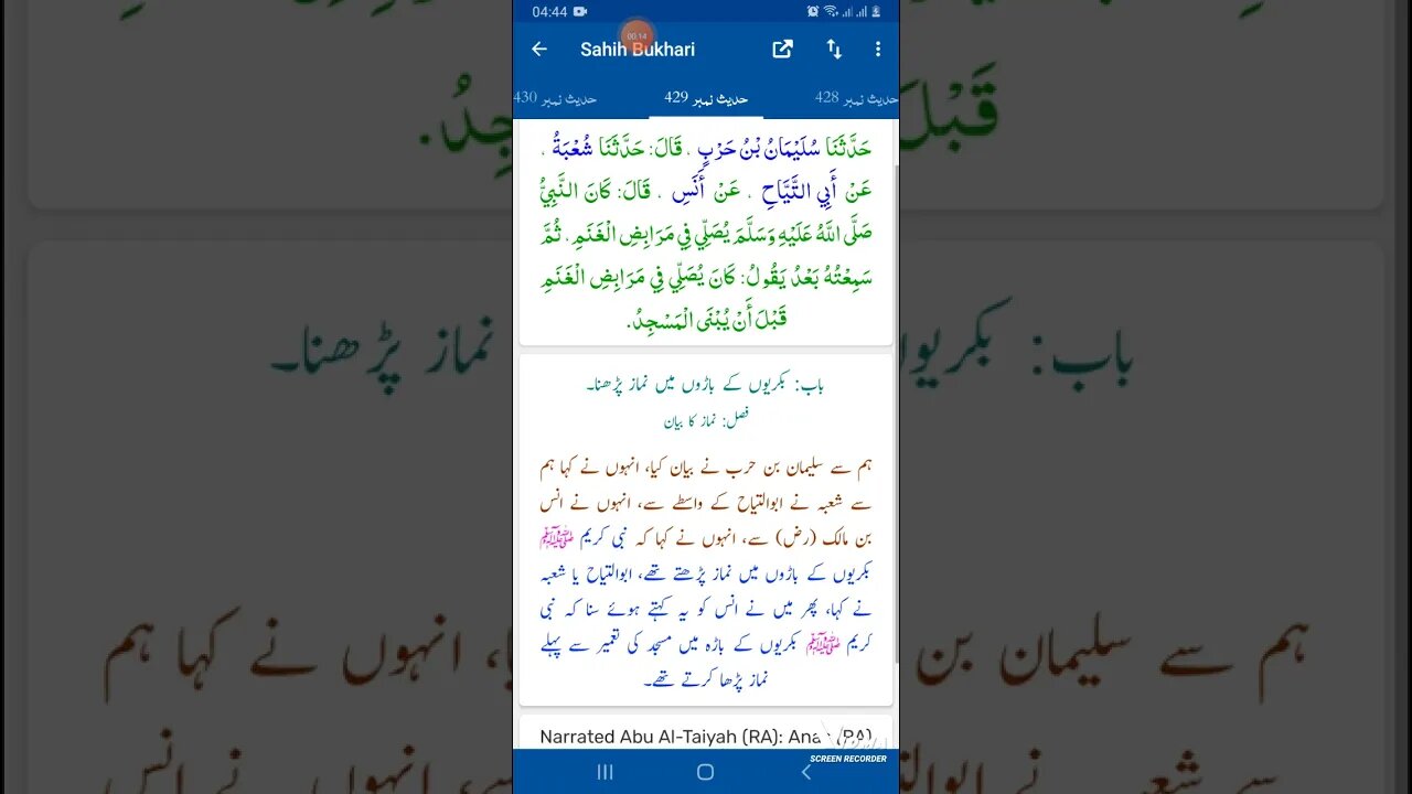 Hadees SHARIF Sahi bukhari SHARIF hadees number #429 in arbic urdu and English language