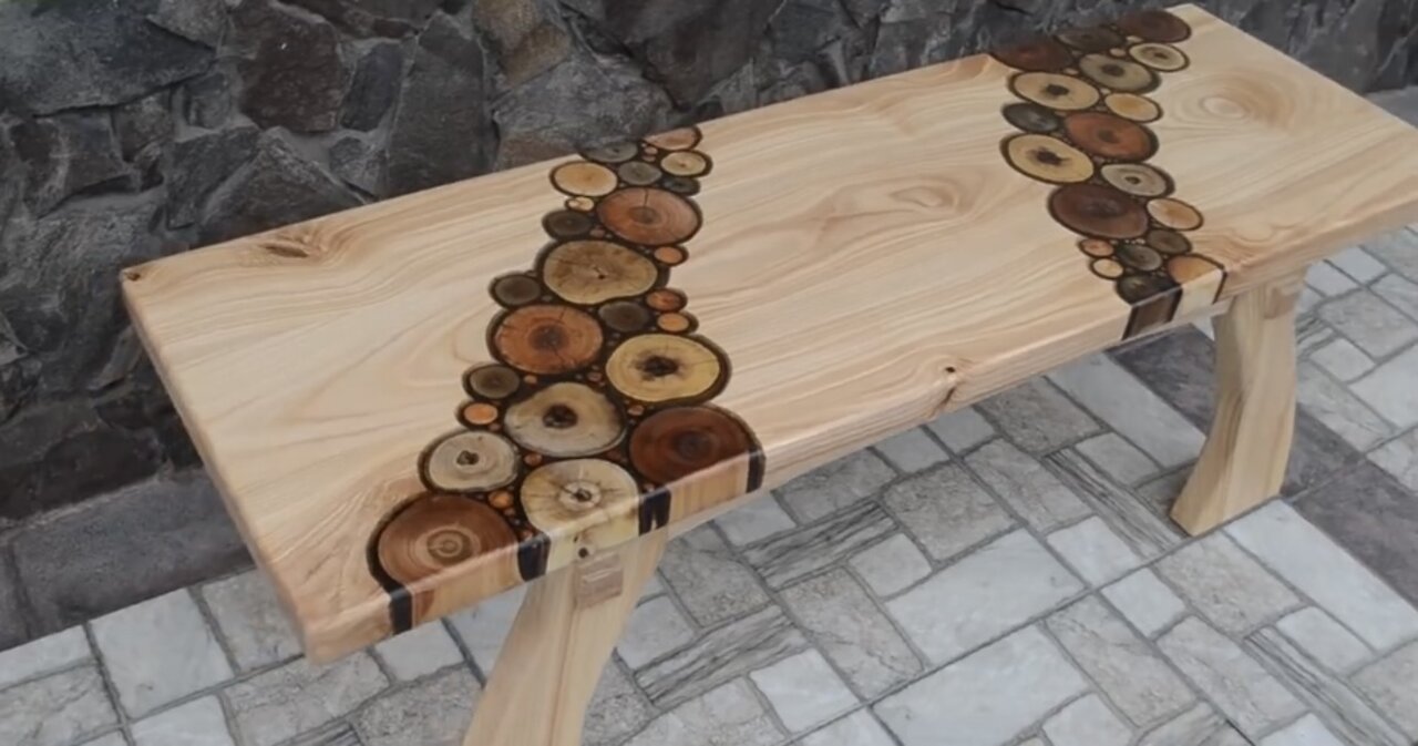 Ash wood bench with fruit trees branches inlay