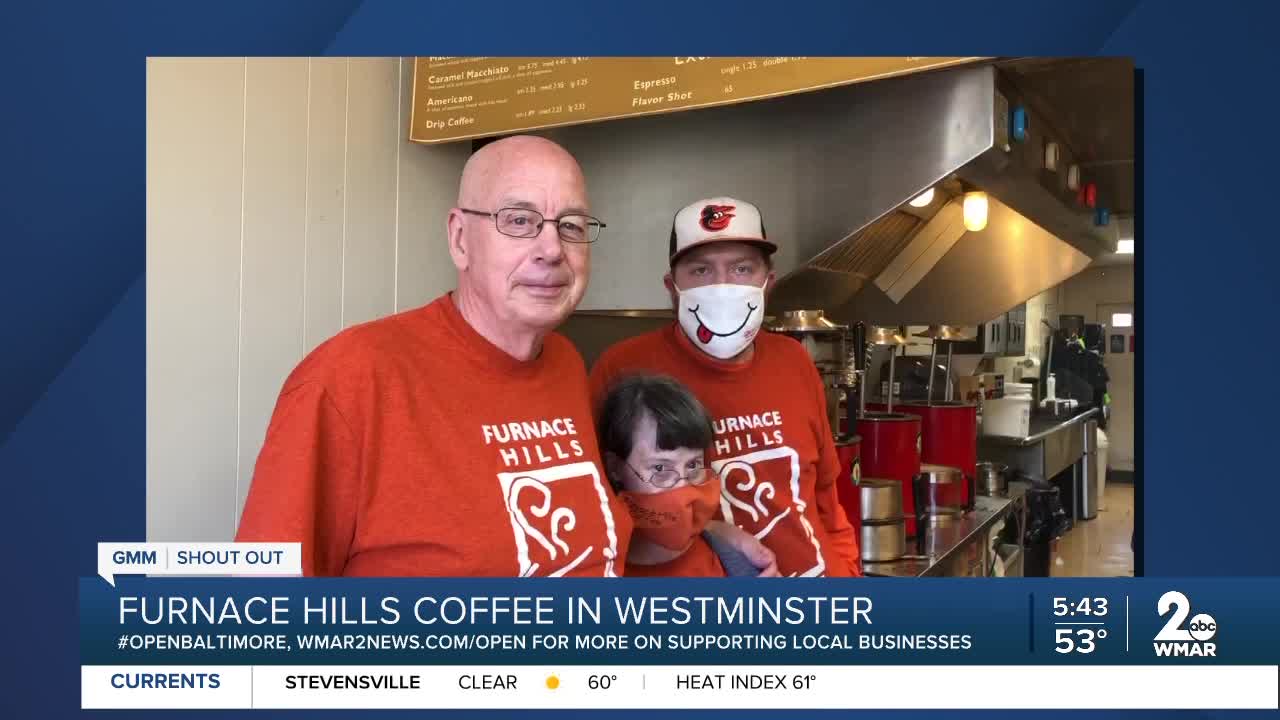 Furnace Hills Coffee in Westminster says "We're Open Baltimore!"