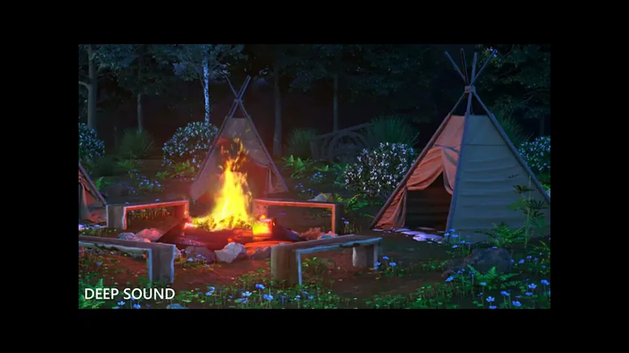 SONS DA FLORESTA A NOITE COM FOGUEIRA e música de piano para relaxar e ter um sono profundo