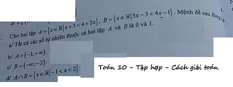 Toán 10: Cho hai tập A={x∈R|x+3<4+2x}, B={x∈R|5x-3<4x-1}. Mệnh đề sau đúng/sai