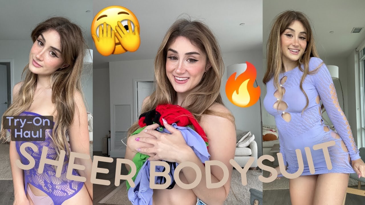 Petite Girl Trying on sheer bodysuit for you