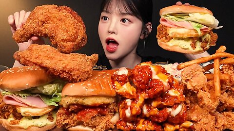 Burgers with Crispy Fried Chicken and Seasoned Chicken Mukbang ASMR