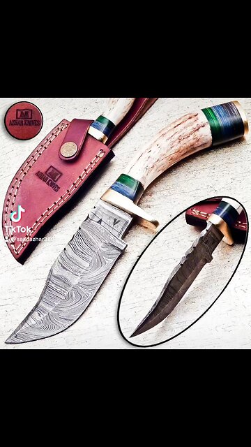 Damascus steel fixed blade hunting knife with deer antler handle
