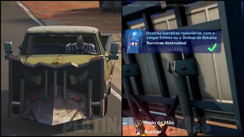 DESTRUA BARREIRAS RODOVIARIAS COM O LIMPA-TRILHOS OU O ÔNIBUS DE BATALHA - FORTNITE