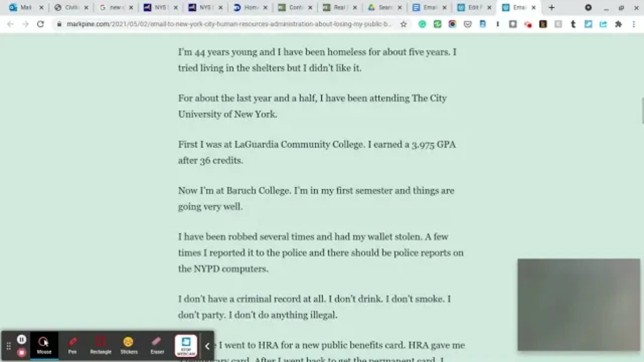 Email to the New York City Human Resources Administration about losing my public benefits card.