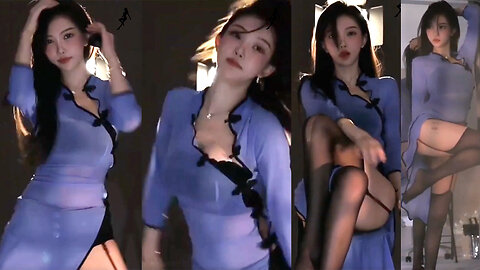 Sensual dance streamer performs in a high-slit qipao and thigh-high stockings, showcasing daring reveals and playful gestures