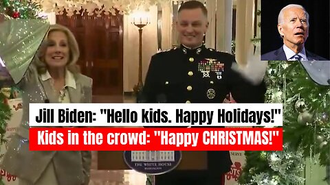 Jill Biden: "Hello kids. Happy Holidays!" Kids in the crowd: "Happy CHRISTMAS!"