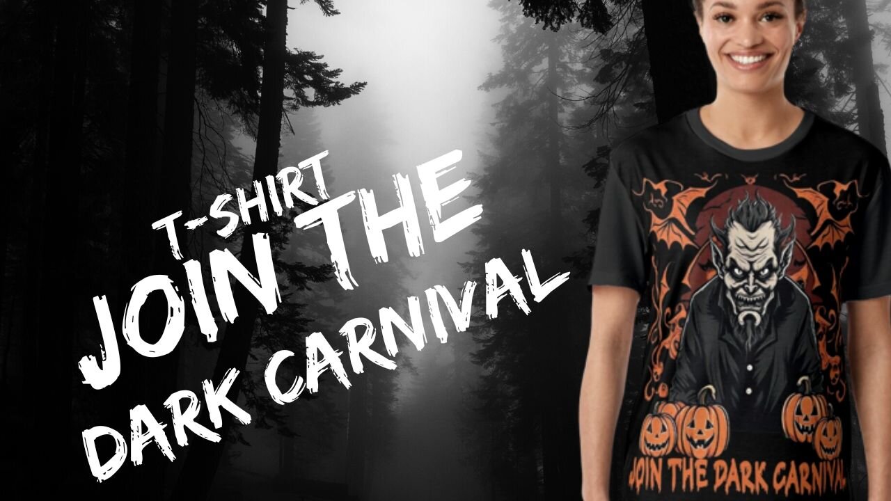 JOIN THE DARK CARNIVAL BLACK EVIL DEVIL AND ORANGE PUMPKINS HALLOWEEN THEMED T-SHIRT BY AL21EX