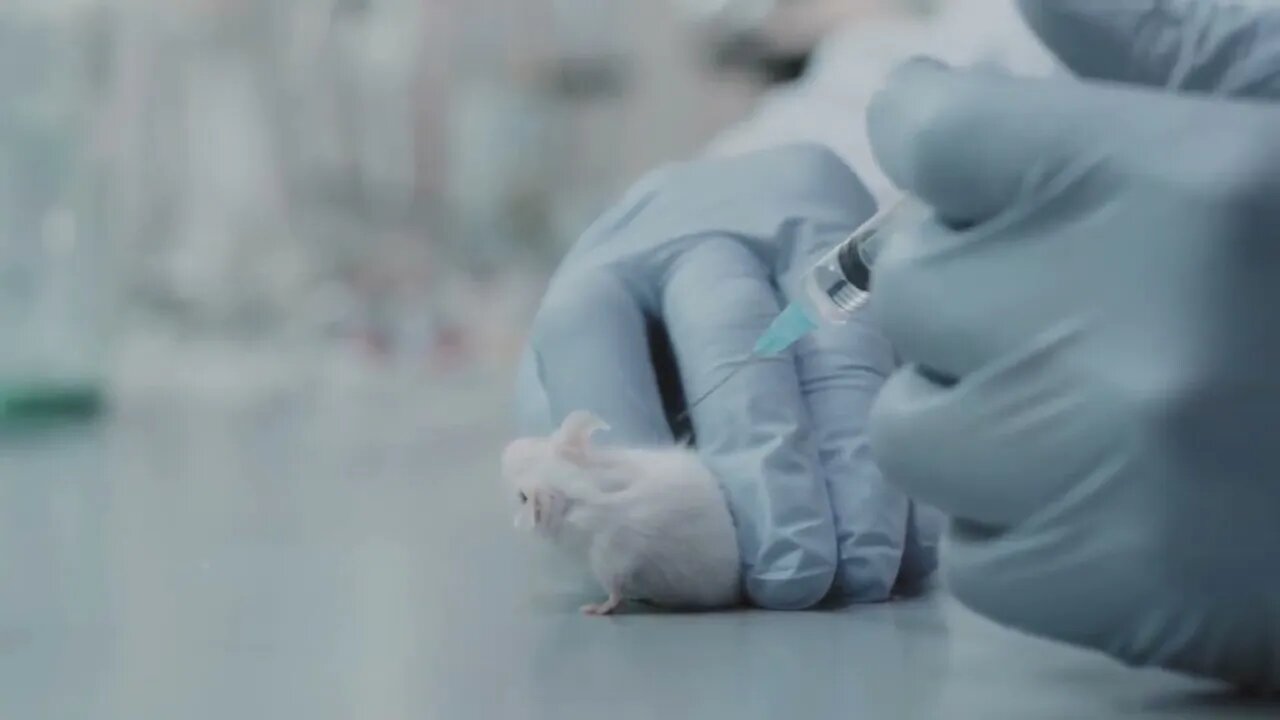 Close up slowmo of unrecognizable scientist in gloves holding syringe and preparing to inject white