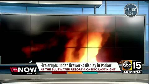 Fire erupts under fireworks display in Parker