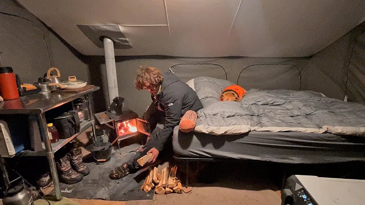 My FIRST REAL BED in 4 YEARS! - Off Grid Hot Tent with Wood Burning Stove INTERIOR COMPLETE