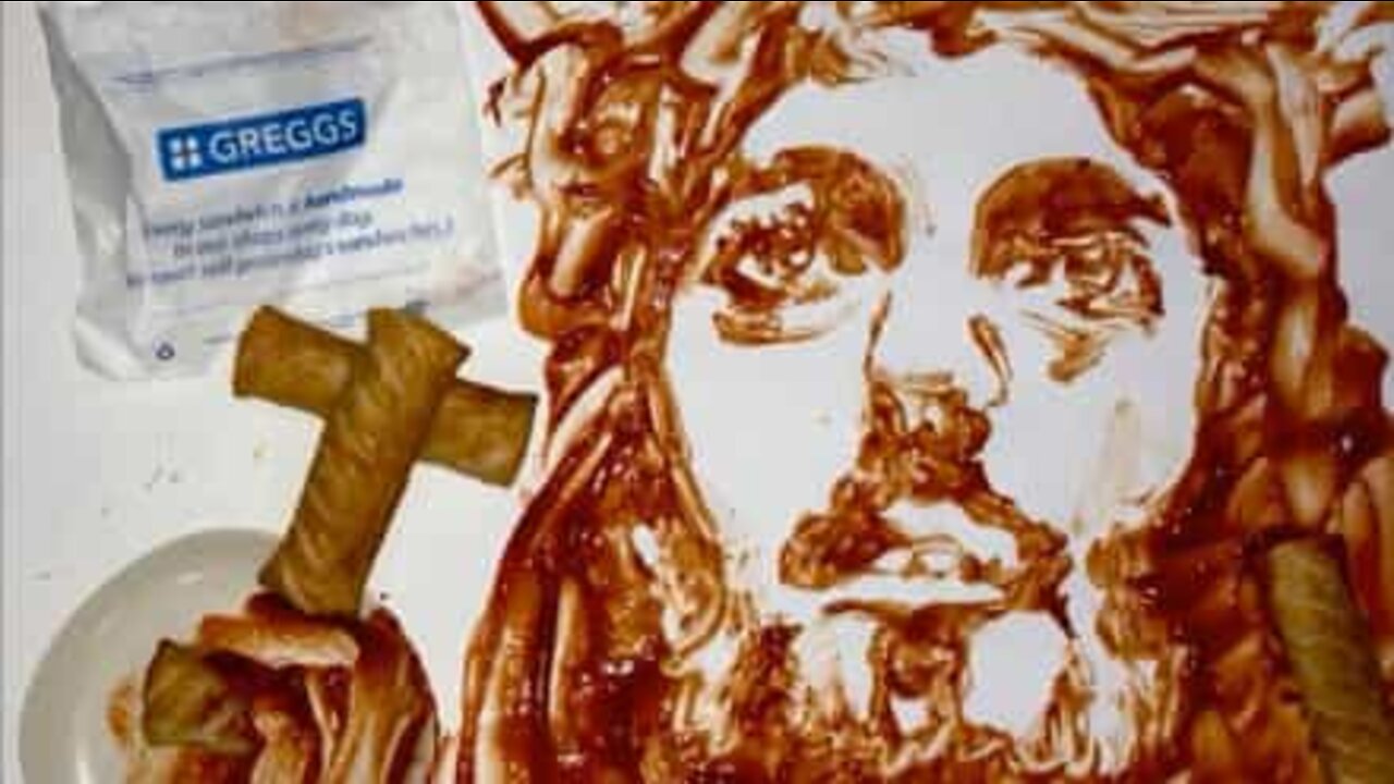 Painting of Jesus using...a sausage roll