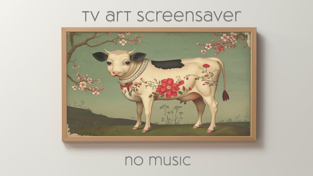 TV Frame Art Screensaver | Whimsical Tattooed Cow and Blossoms