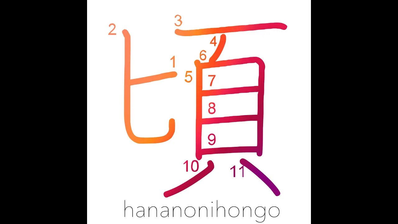 頃 - time/about/toward/circa - Learn how to write Japanese Kanji 頃 - hananonihongo.com