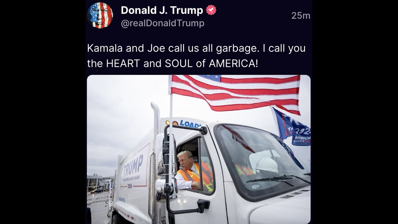 TRUMP❤️🇺🇸🥇🪽DRIVE *MAGA GARBAGE TRUCK*🤍🇺🇸🏅🪽🚚🕺SPEAK TO REPORTERS💙🇺🇸🏅🪽🎬🚚⭐️