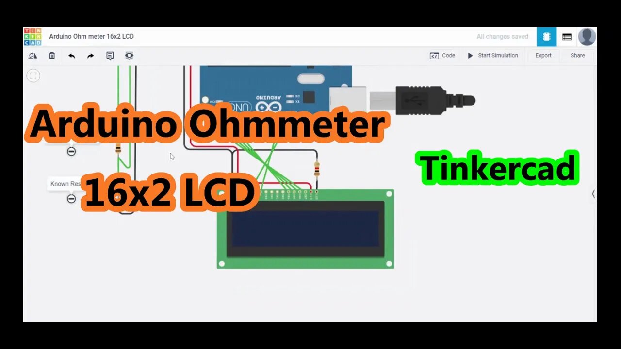 Arduino Ohmmeter with 16x2 LCD on Tinkercad