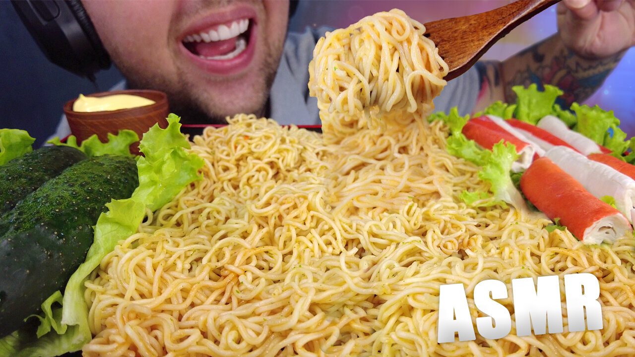 EATING NOODLES + CRAB STICKS WITH CHEESE SAUCE AND FRESH CUCUMBERS | ASMR (No Talking) MUKBANG